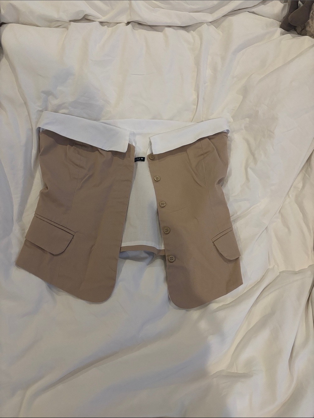 Zara Beige and White Strapless Buttoned Pocket Top